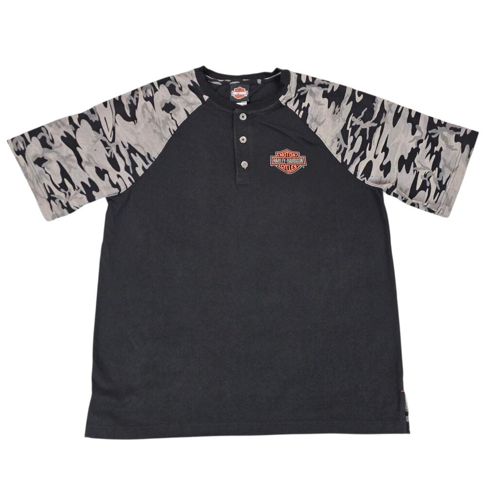 Harley Davidson Shirt Mens Large Black Camo Henley Embroidered Casual Biker
